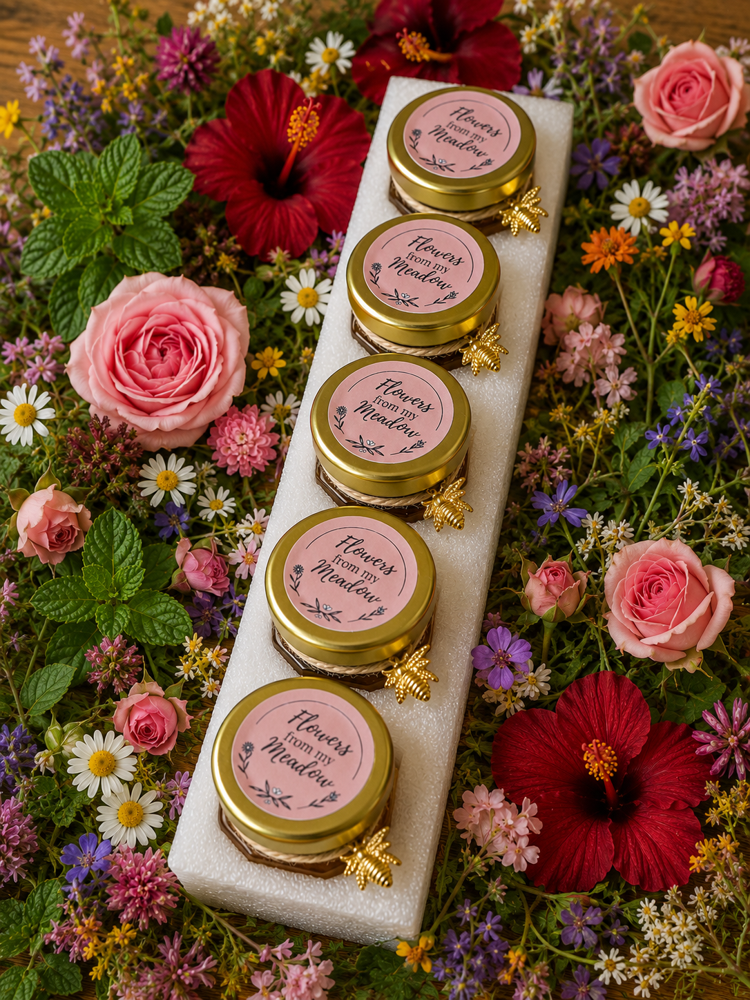 Five small jars of honey arranged in a white foam tray, surrounded by a dense bed of pink, red, yellow, and white flowers. Each jar has a gold lid and a pink label reading 'Flowers from my Meadow'.