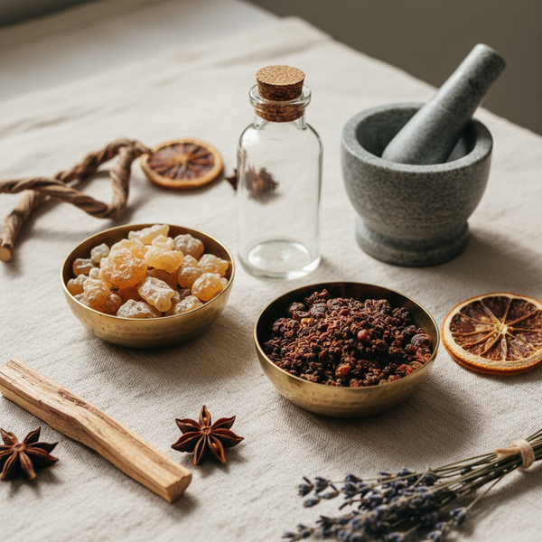 Frankincense and myrrh resin pieces in small brass bowls on warm ivory linen, styled with timeless apothecary objects.
