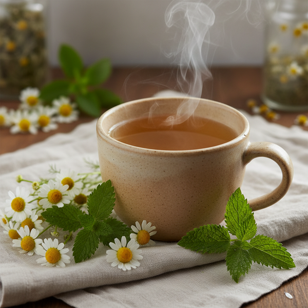 A warm beige ceramic mug filled with steaming tea sits on a light linen cloth, surrounded by chamomile flowers, mint leaves, and blurred jars in the background.