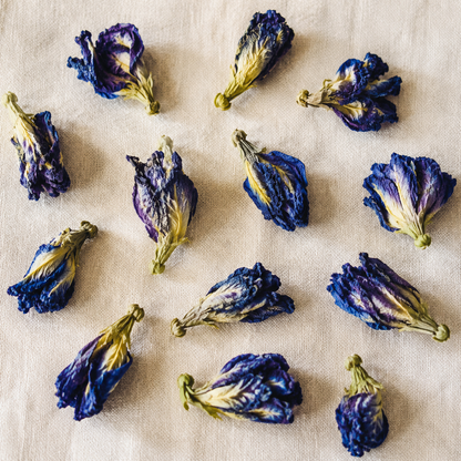 Individual dried Blue Butterfly Pea Flowers arranged on warm ivory linen, showing their natural blue and violet petals.