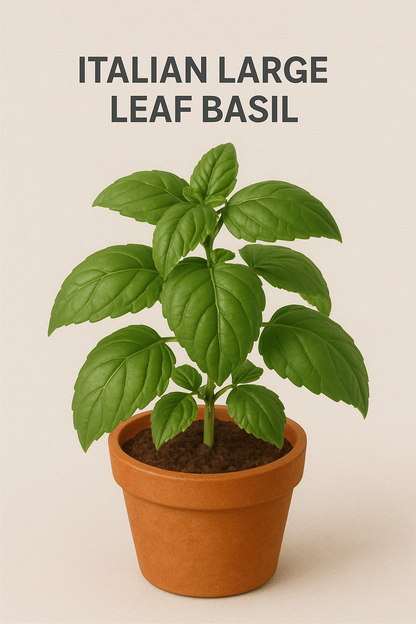 Potted Italian large leaf basil plant on a beige background