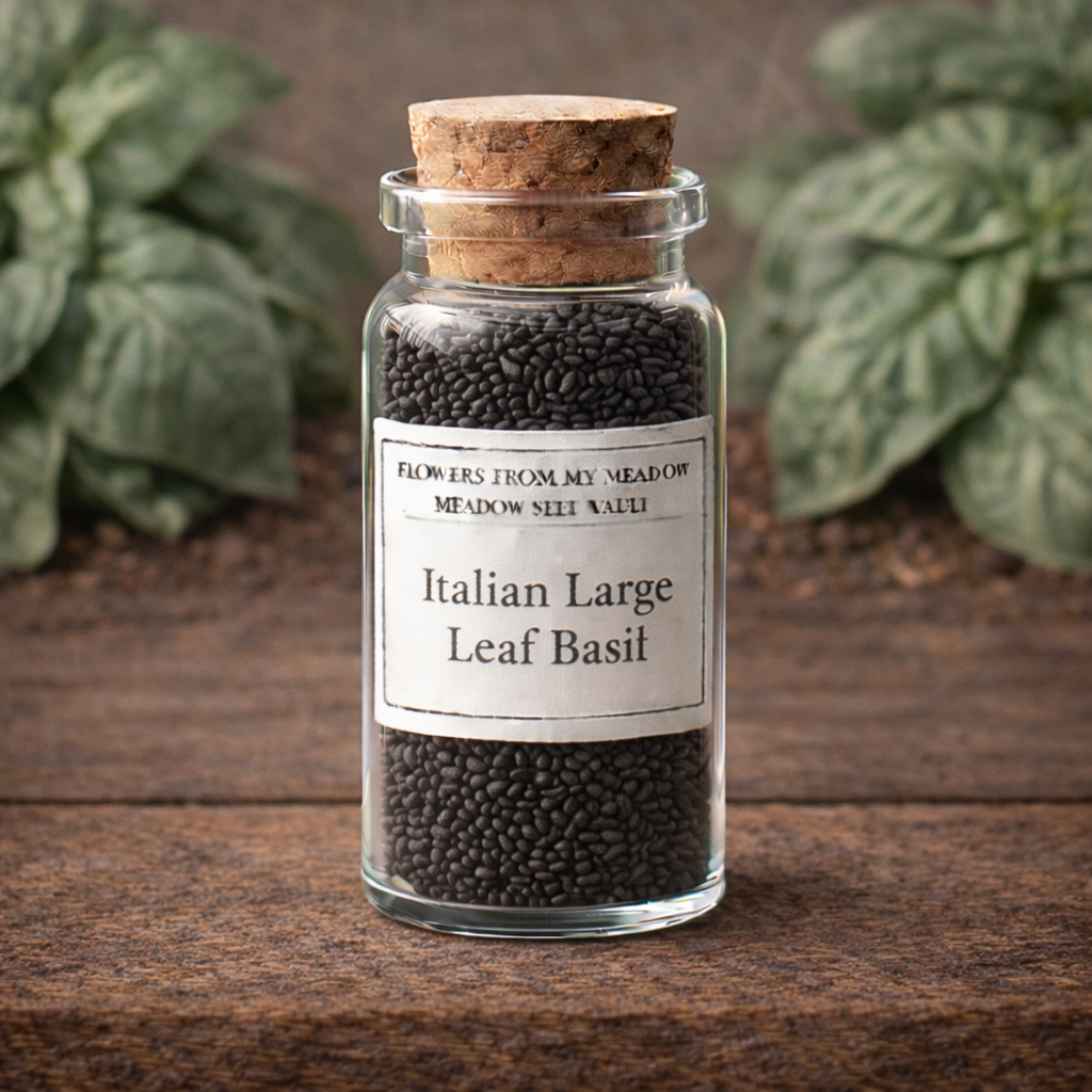 Jar of Italian Large Leaf Basil seeds with a cork lid on a wooden surface, surrounded by green plants.