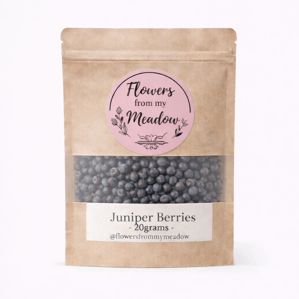 Package of Juniper Berries with 'Flowers from my Meadow' label on a white background