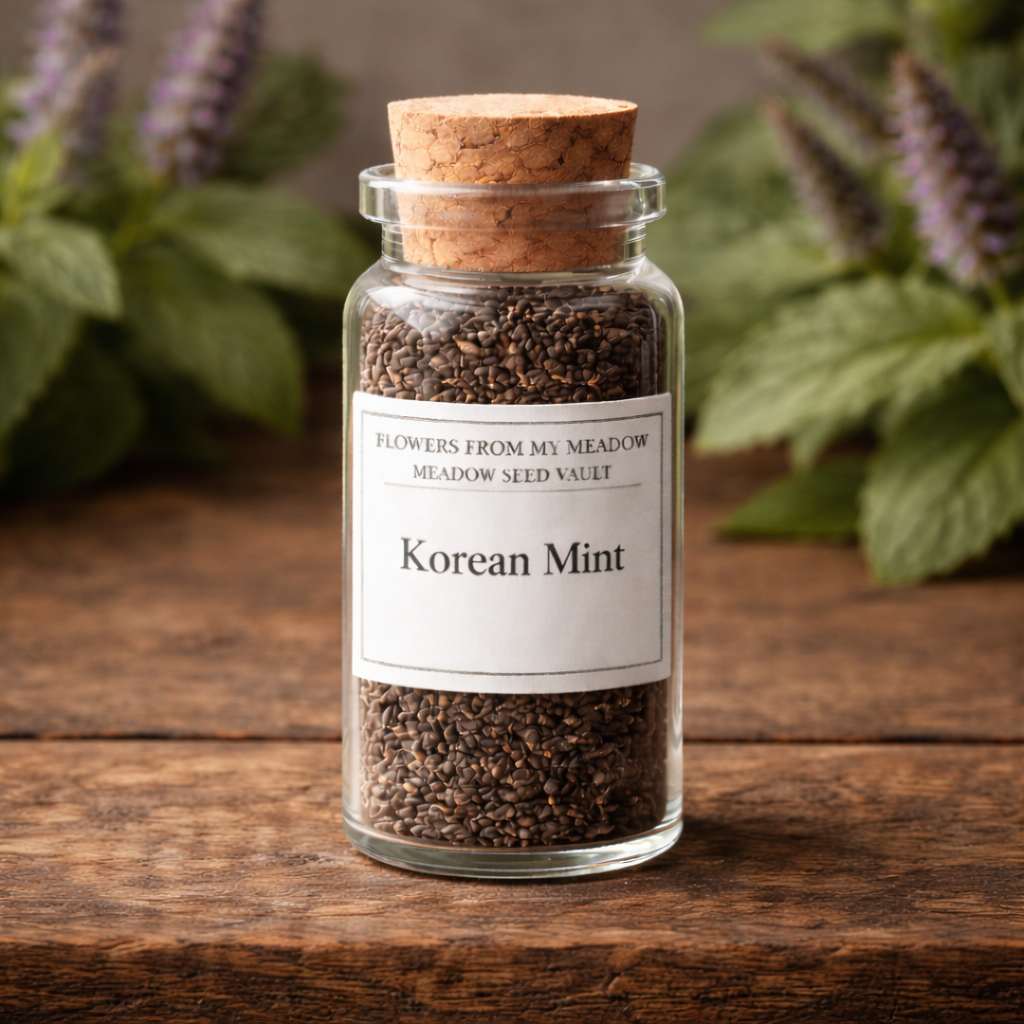 Glass jar with cork lid containing Korean Mint seeds on a wooden surface with plants in the background