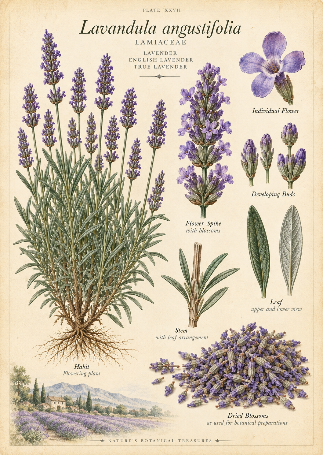 Vintage botanical profile of Lavandula angustifolia showing flowering lavender plant, violet flower spike, individual flower, developing buds, narrow leaves and dried lavender blossoms