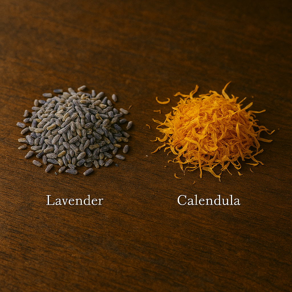 Piles of lavender and calendula on a wooden surface