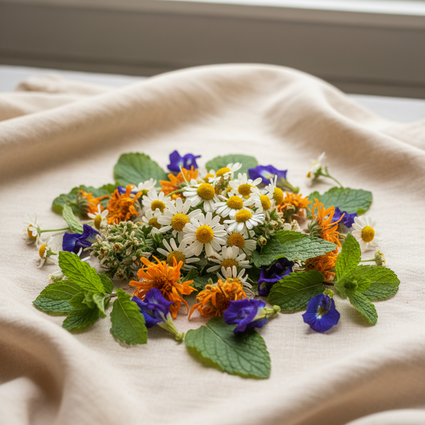 A botanical arrangement of chamomile, calendula, butterfly pea flowers, lemon balm and spearmint on warm ivory linen