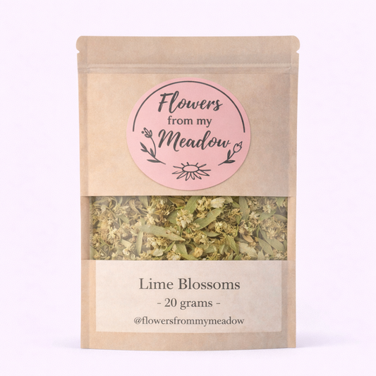 Package of 'Flowers from my Meadow' lime blossoms on a white background
