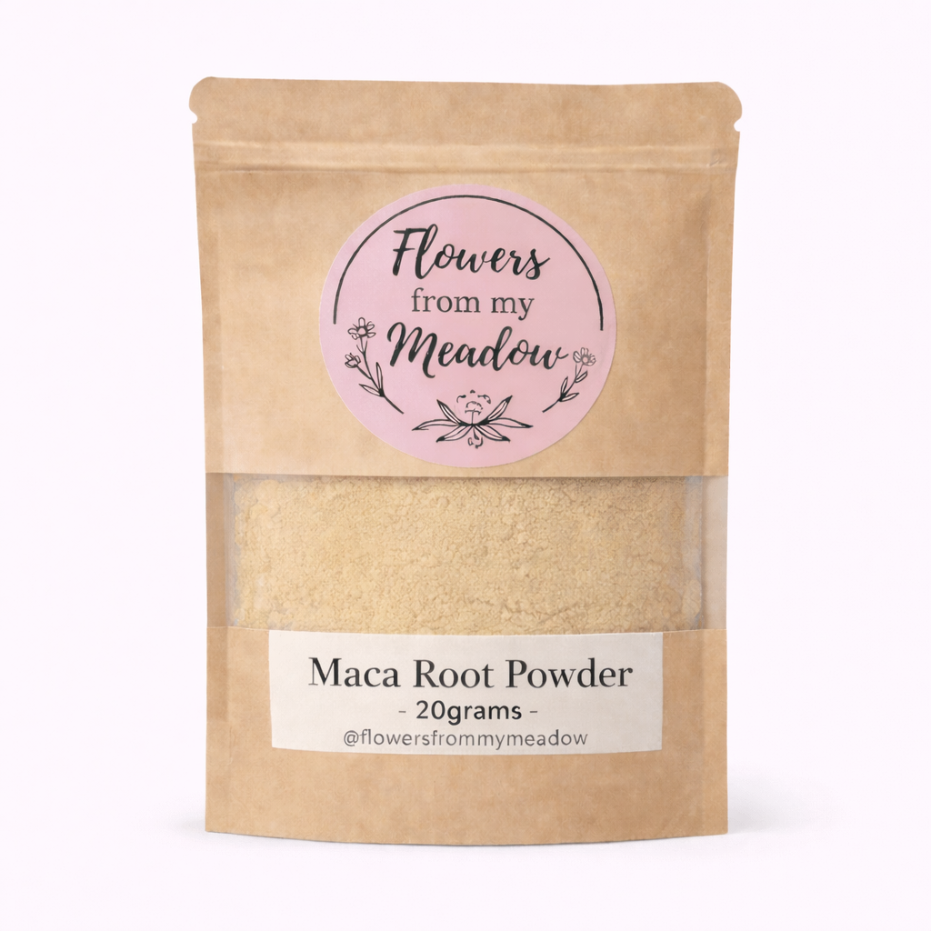 Maca root powder package with 'Flowers from my Meadow' label on a white background