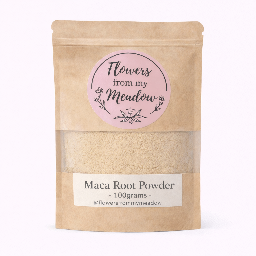 Maca root powder package with 'Flowers from my Meadow' label on a white background