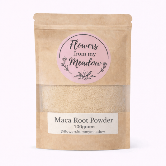 Maca root powder package with 'Flowers from my Meadow' label on a white background