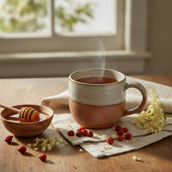 A ceramic mug with a two-tone beige and terracotta finish sits on a wooden table, filled with a steaming hot drink. A small wooden bowl with a honey dipper and scattered red berries are placed beside it on a light linen cloth, with a softly blurred window in the background.