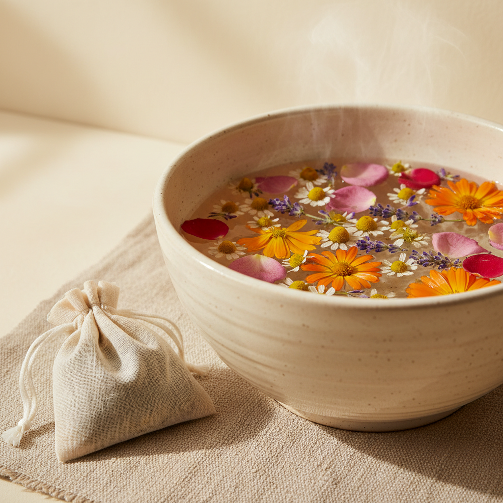 A beige ceramic bowl filled with steaming herbal tea or hot water and floating dried flowers, placed on a linen surface beside a small drawstring pouch.