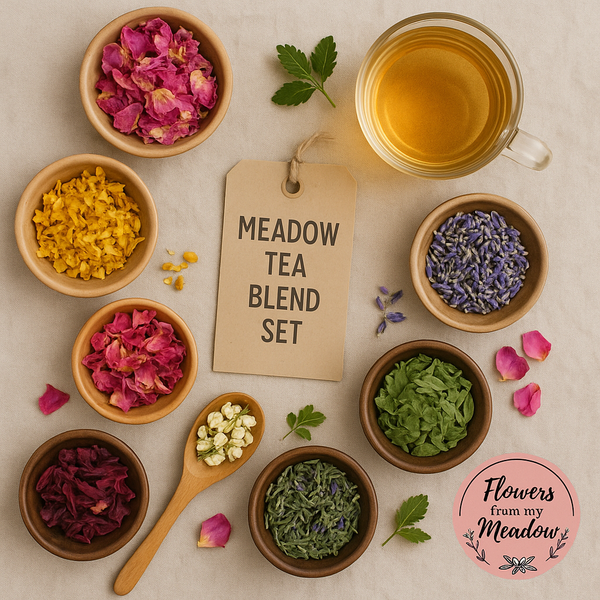 Meadow teas Blend Set with dried flowers and herbs in a bowl