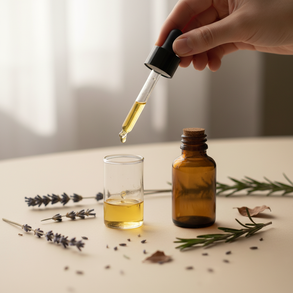 Glass dropper above a small clear measuring vessel, amber botanical bottle and subtle dried herbs on a warm ivory surface.