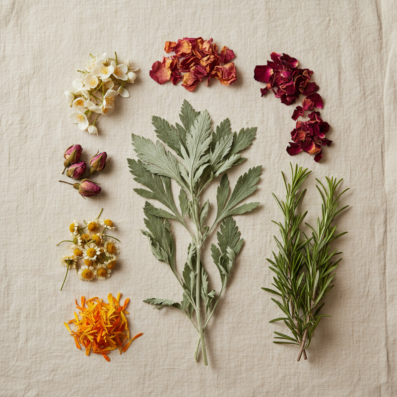 A refined flat lay of mugwort, rosemary, chamomile, calendula, jasmine and rose arranged like a botanical field guide on warm ivory linen.