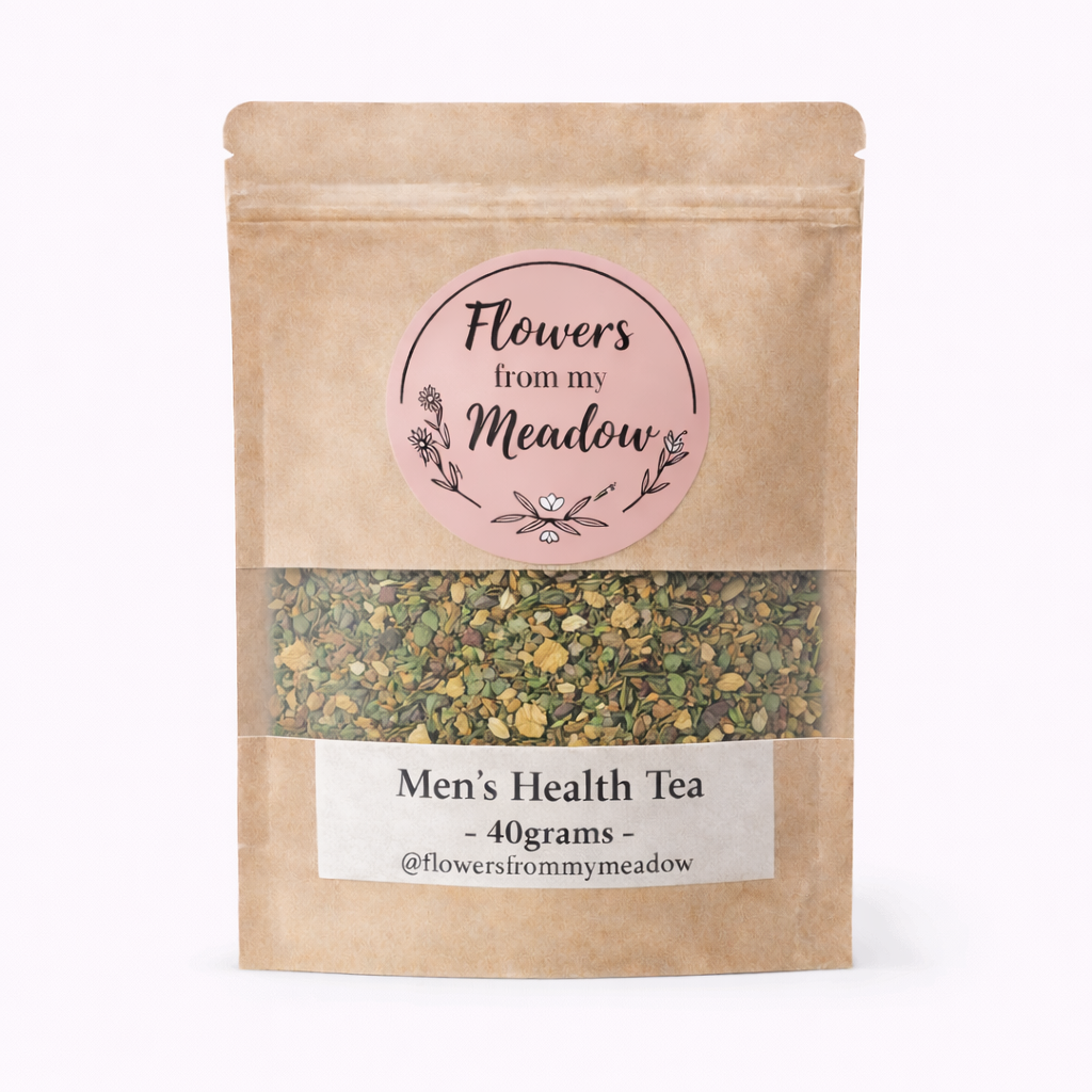 Men's Health Tea package with 'Flowers from my Meadow' label on a white background