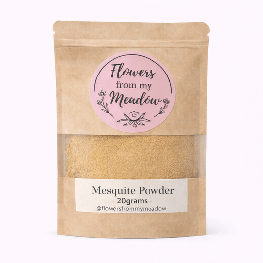 Mesquite powder package with 'Flowers from my Meadow' label on a white background