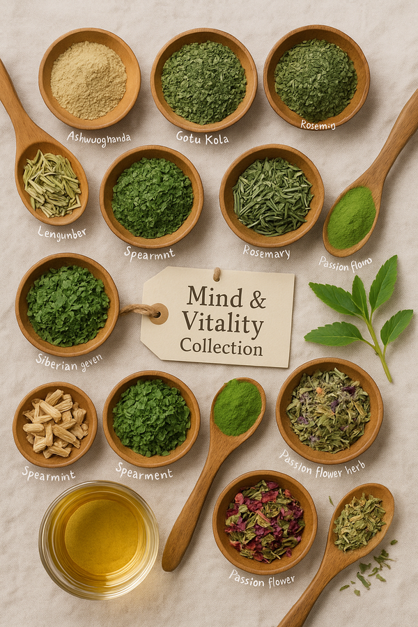 Mind & Vitality Collection with a variety of dried herbs