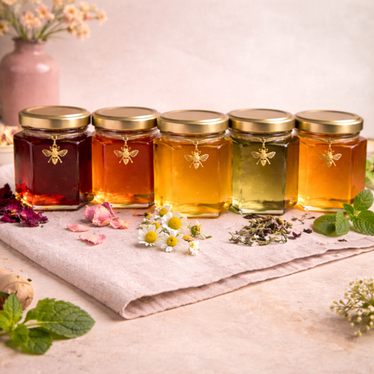 Five jars of honey with gold lids on a light surface with flowers and leaves.