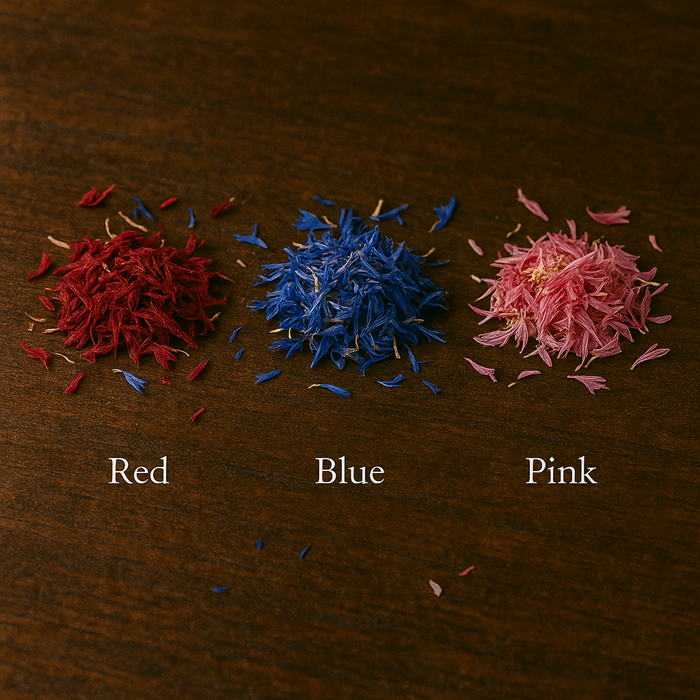3 Piles of Corn Flowers labeled Red, Blue, Pink