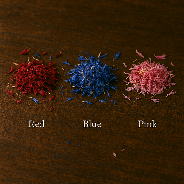3 Piles of Corn Flowers labeled Red, Blue, Pink