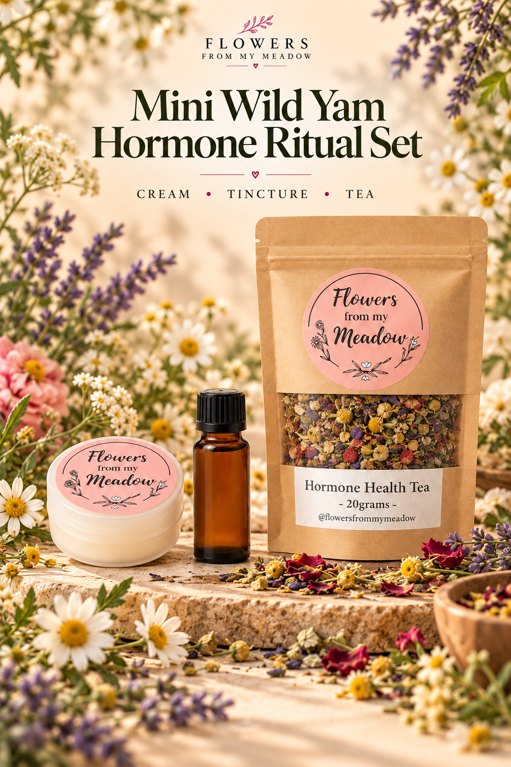 Mini Wild Yam Hormone Ritual Set editorial guide featuring morning Wild Yam Tincture, daytime Hormone Health Tea and evening Wild Yam Cream, with three illustrated botanical self-care rituals.