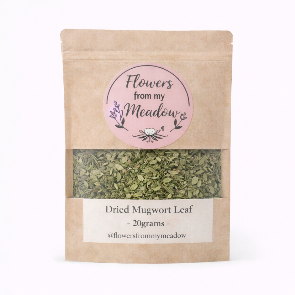 Package of dried mugwort leaf with 'Flowers from my Meadow' label on a white background