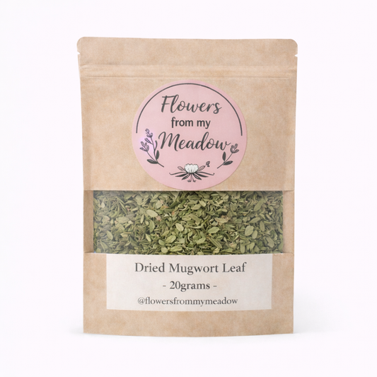 Package of dried mugwort leaf with 'Flowers from my Meadow' label on a white background