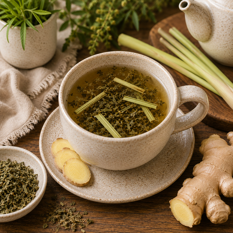 Mugwort herbal tea with fresh ginger and aromatic lemongrass