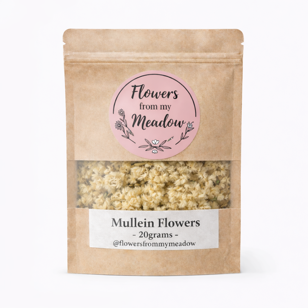 Kraft paper packaging with 'Flowers from my Meadow' label containing Mullein Flowers.