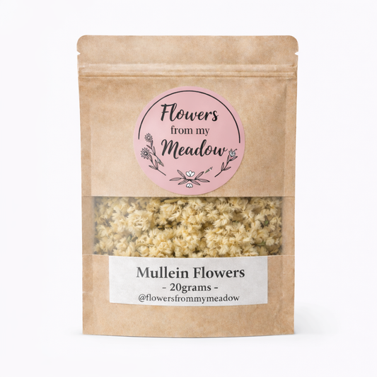 Kraft paper packaging with 'Flowers from my Meadow' label containing Mullein Flowers.