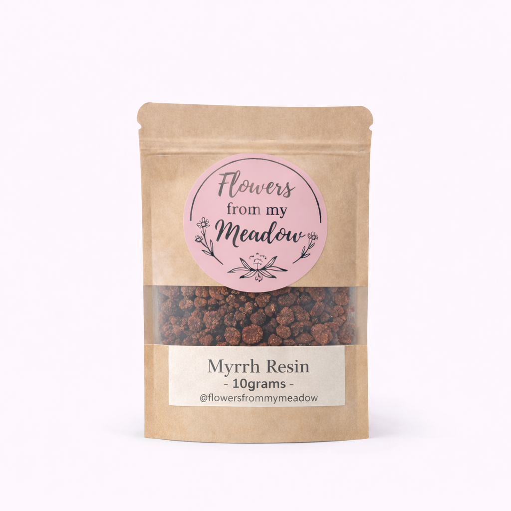 Kraft paper packaging of Myrrh Resin with a pink label on a white background