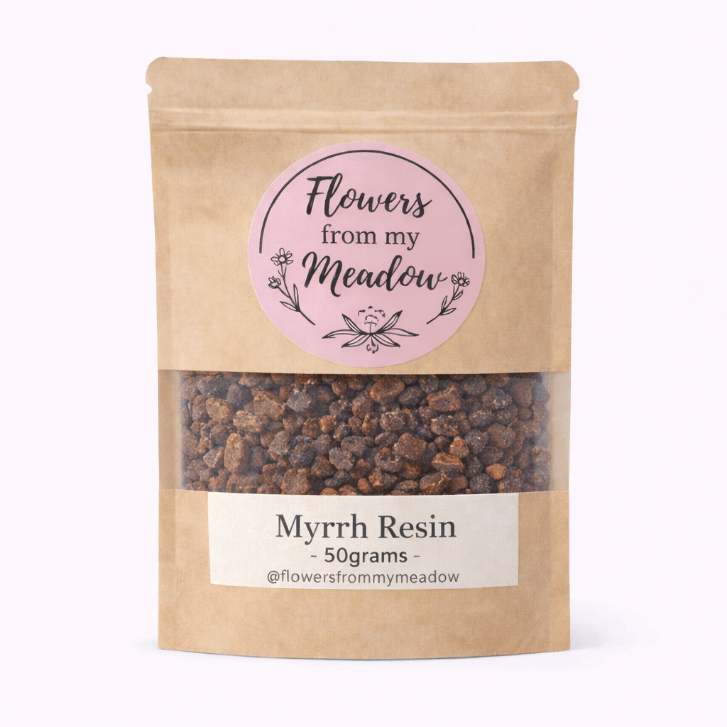 Kraft paper packaging of Myrrh Resin with a pink label on a white background