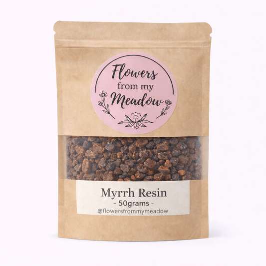Kraft paper packaging of Myrrh Resin with a pink label on a white background