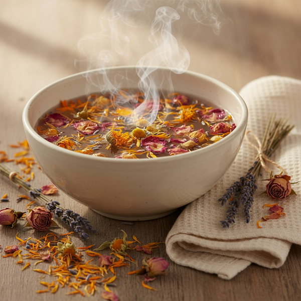 A warm ceramic bowl filled with steaming herbal tea, topped with dried flower petals, placed on a wooden surface with scattered dried flowers, lavender sprigs, and a folded cream cloth.