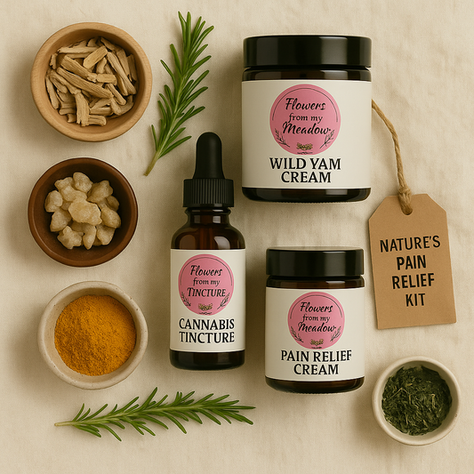 Nature’s Pain Relief Wild Yam Cream, Cannabis Tincture, Pain Relief Cream and various dried herbs roots and natural resins from 'Flowers from my Meadow'