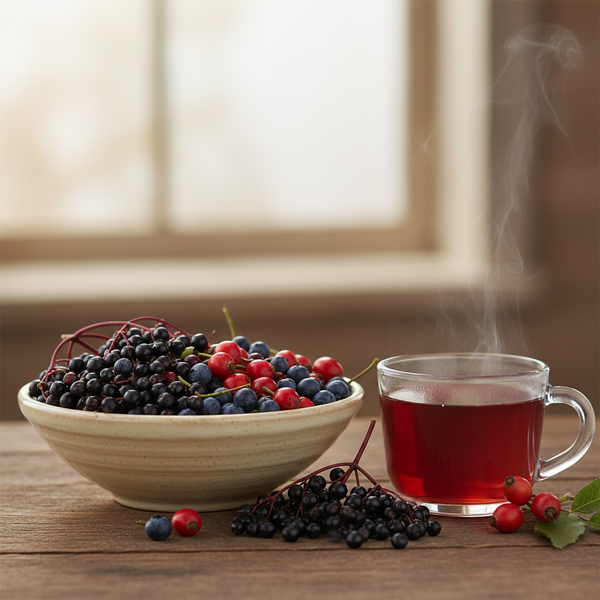 A rustic beige ceramic bowl filled with dark blueberries and red berries sits on a wooden table beside a clear glass mug filled with a dark red beverage, with steam rising and a softly blurred window in the background.