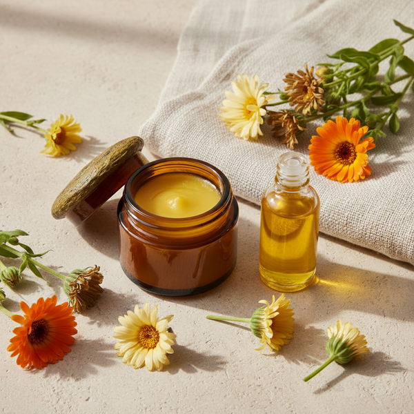 An amber glass jar of balm with its wooden lid beside it, next to a small clear bottle of golden liquid, styled on a linen cloth with orange and yellow flowers on a beige surface.