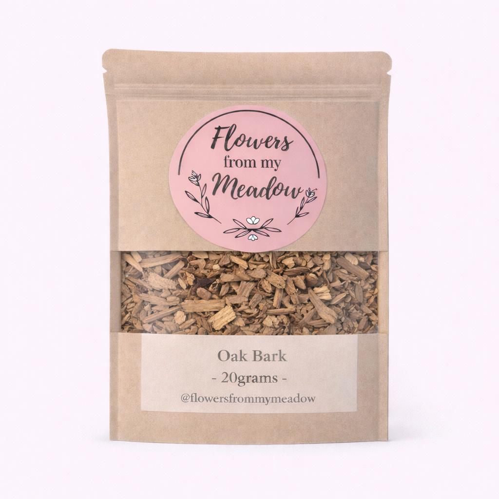 Package of Oak Bark with 'Flowers from my Meadow' label on a white background