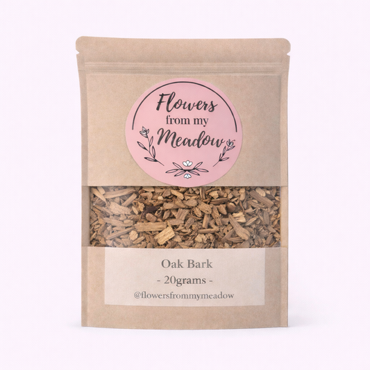 Package of Oak Bark with 'Flowers from my Meadow' label on a white background
