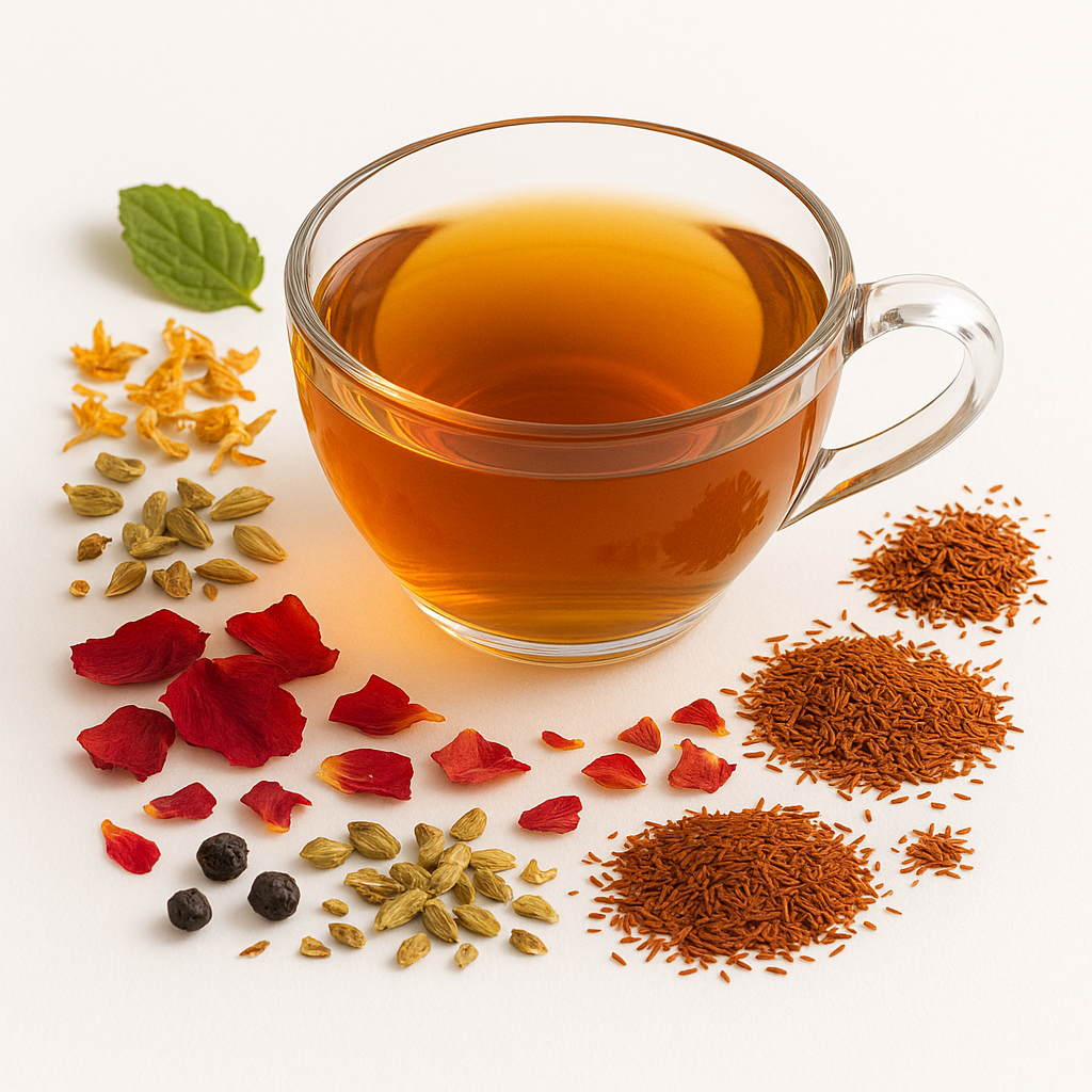 Clear glass cup of tea with various tea leaves and herbs on a white background