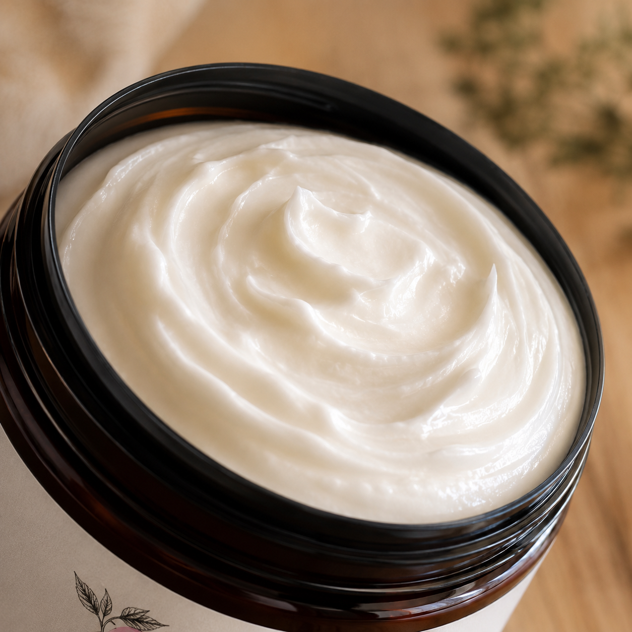A close-up of a creamy off-white cosmetic cream swirled inside an open dark amber jar with a black lid, set against a warm, softly blurred background.
