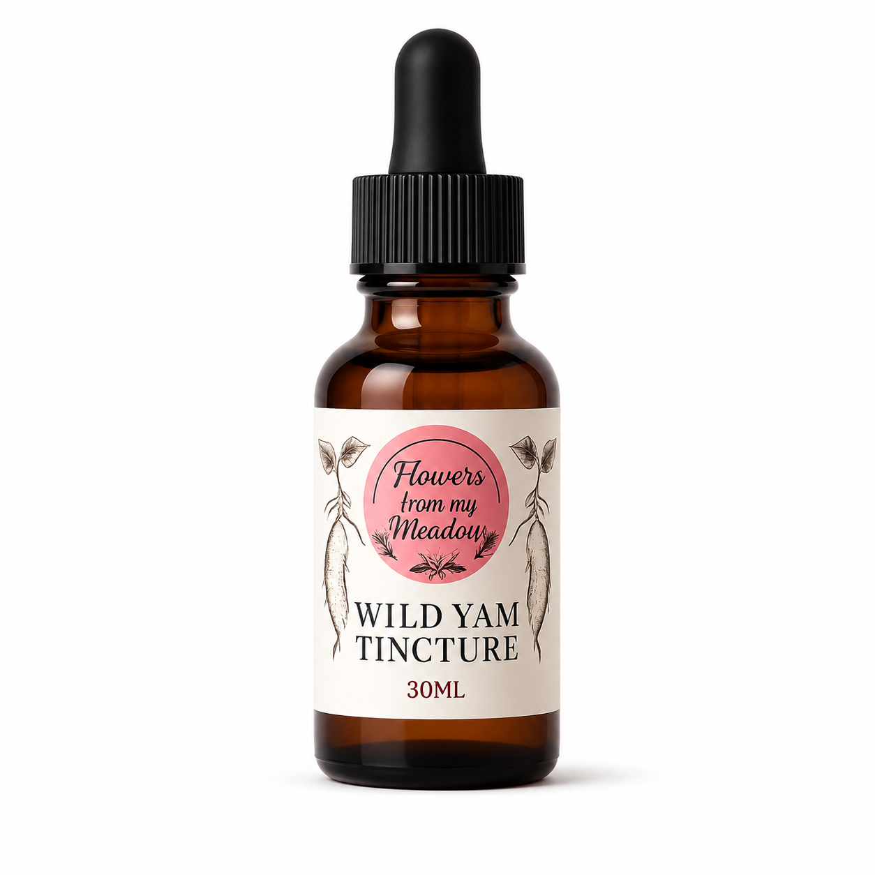 An amber glass dropper bottle of 'Flower's from my Meadow' Wild Yam Tincture, 30ml, on a clean white background.