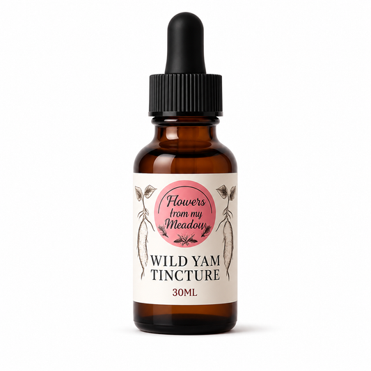 An amber glass dropper bottle of 'Flower's from my Meadow' Wild Yam Tincture, 30ml, on a clean white background.