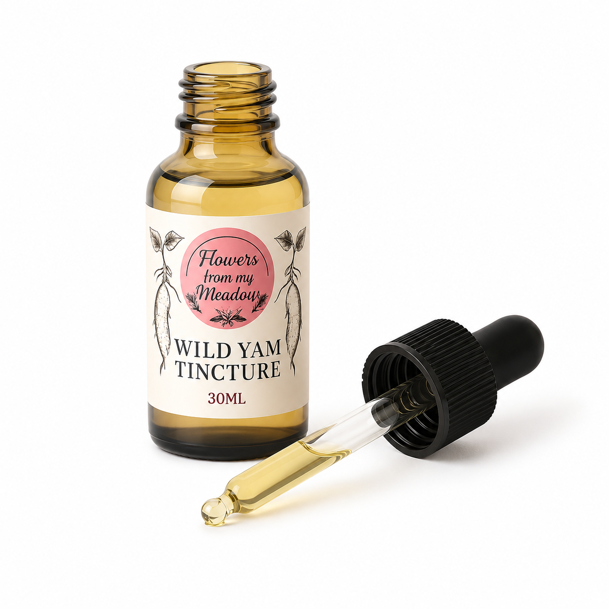 An amber glass dropper bottle of Wild Yam Tincture with a black dropper cap lying beside it on a white background. The label reads 'Flowers from my Meadow' and 'WILD YAM TINCTURE 30ML'.