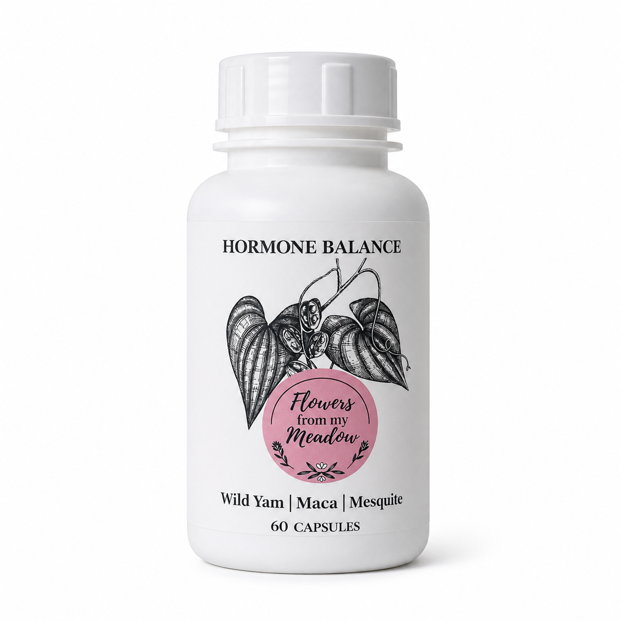 A white plastic supplement bottle with a white ribbed cap, featuring a label for 'Flowers from my Meadow' 'Hormone Balance' capsules. The label includes a black botanical illustration of a yam and a pink circular badge.
