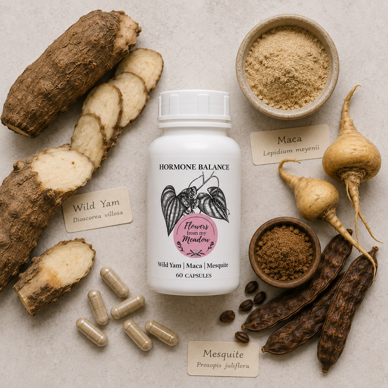 A white supplement bottle labeled 'HORMONE BALANCE' with capsules and botanical ingredients arranged around it on a light neutral surface. Visible ingredients include sliced wild yam, maca root, mesquite pod and powder in bowls.