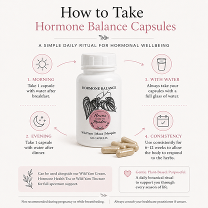 An infographic titled 'How to Take Hormone Balance Capsules' showing a white bottle labeled 'HORMONE BALANCE' with capsules placed in front, plus six illustrated steps for morning, evening, with water, and consistency. The design uses soft pink and black text on a light beige background.