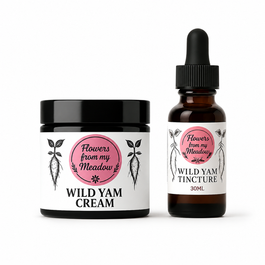 A jar of Wild Yam Cream and a 30ml dropper bottle of Wild Yam Tincture from the brand Flowers from my Meadow, displayed side-by-side on a white background.